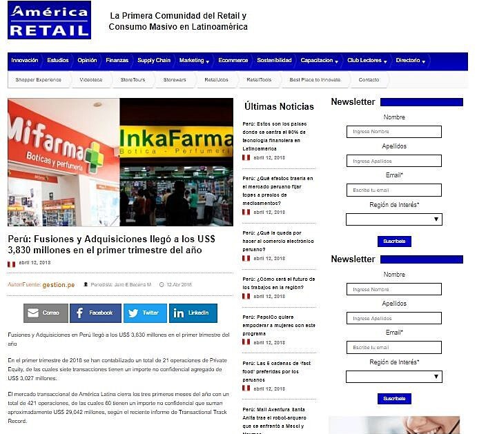 Fusiones y Adquisiciones en Per lleg a los US$ 3,830 millones en el primer trimestre del ao